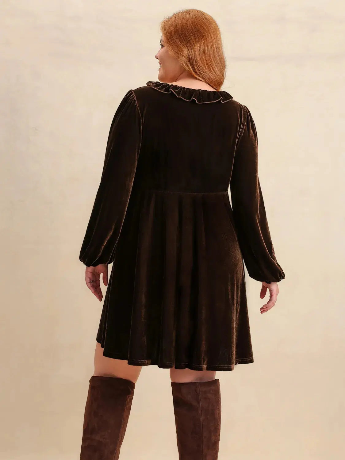 Plus Size Embroidered Notched Balloon Sleeve Mini Dress.