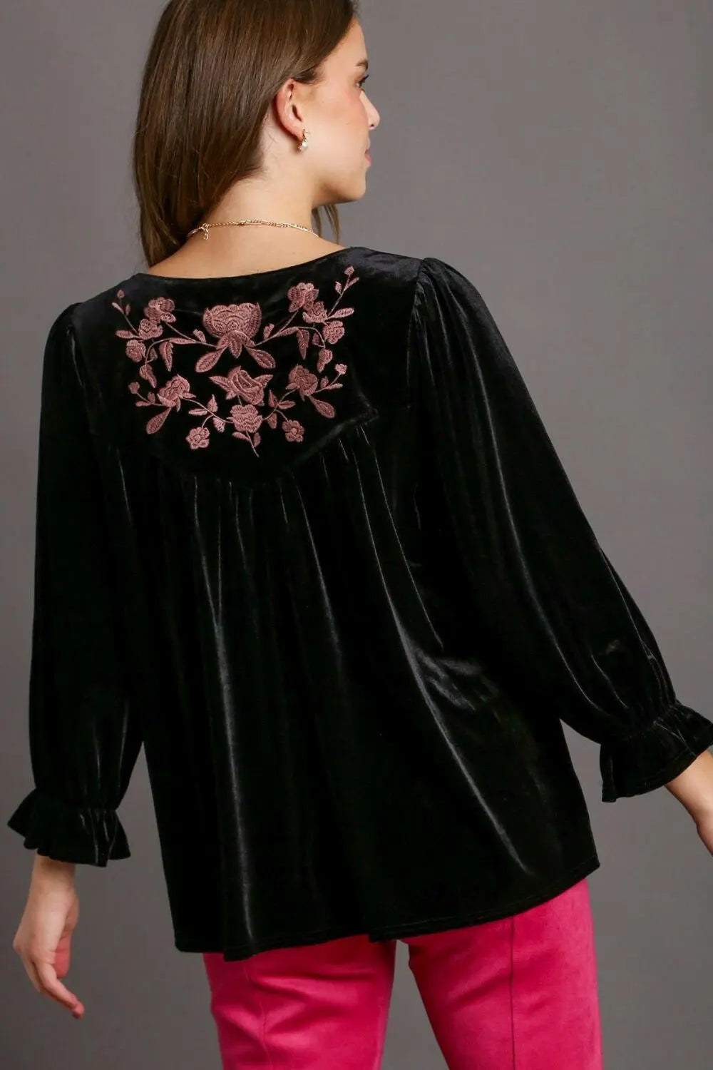 Umgee Full Size Velvet Embroidery Flounce Sleeve Top Plus Size.