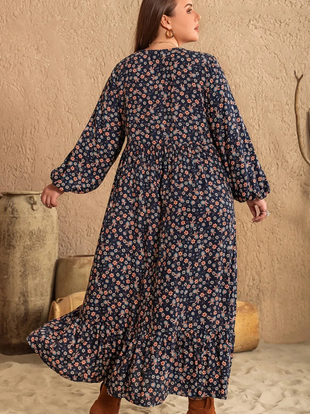 Plus Size Printed V-Neck Balloon Sleeve Dress - Premium Dresses from Trendsi - Just $44.99! Shop now at Handbags Specialist Headquarter