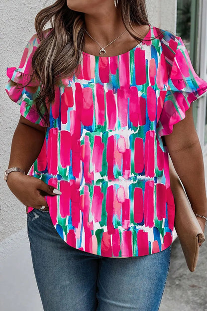 Plus Size Printed Round Neck Petal Sleeve Blouse - Premium Plus Size Shirts from Trendsi - Just $17.54! Shop now at Handbags Specialist Headquarter