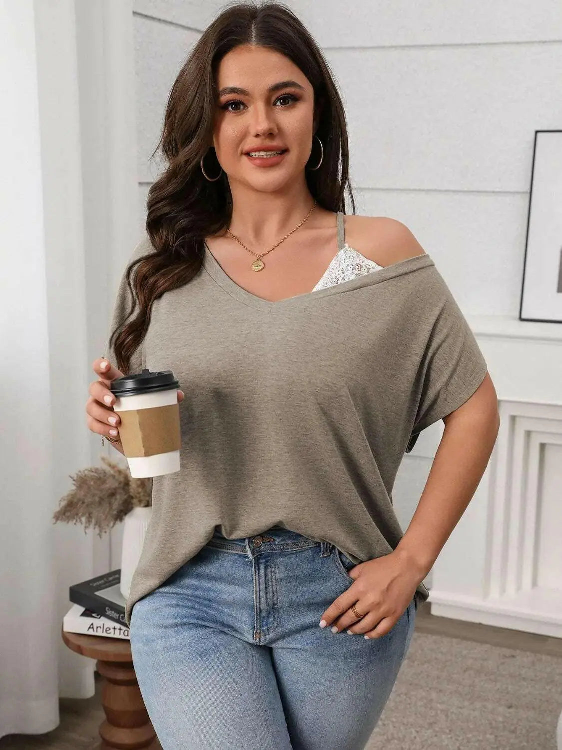 Plus Size Asymmetrical Neck Short Sleeve T-Shirt.