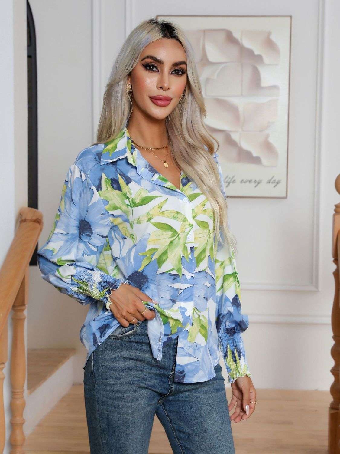 Button Down Printed Long Sleeve Shirt - Premium Women / Tops from Trendsi - Just $21.02! Shop now at Handbags Specialist Headquarter