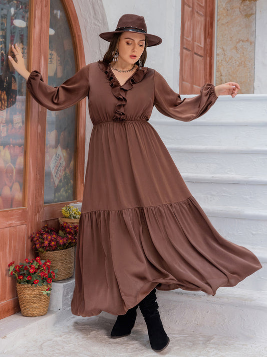 Plus Size V-Neck Ruffle Trim Maxi Dress - Premium Dresses from Trendsi - Just $53.99! Shop now at Handbags Specialist Headquarter