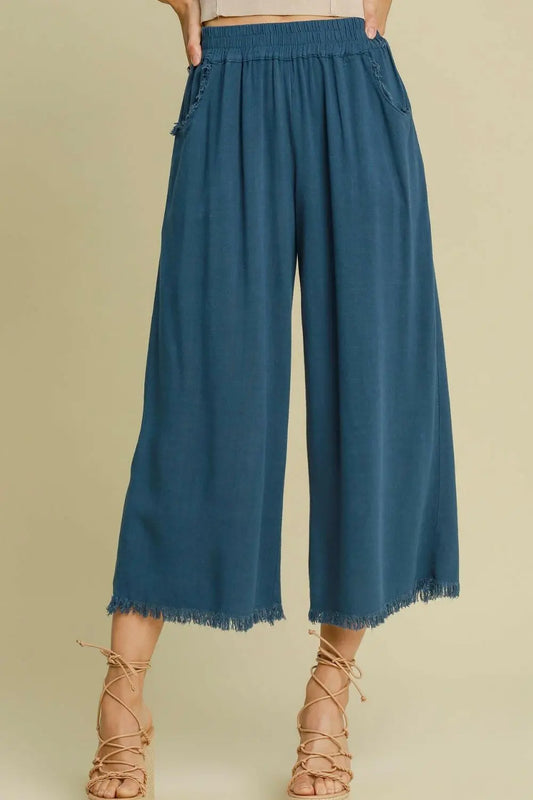 Umgee Full Size Linen Blend Elastic Waistband Wide Leg Pants Plus Size.