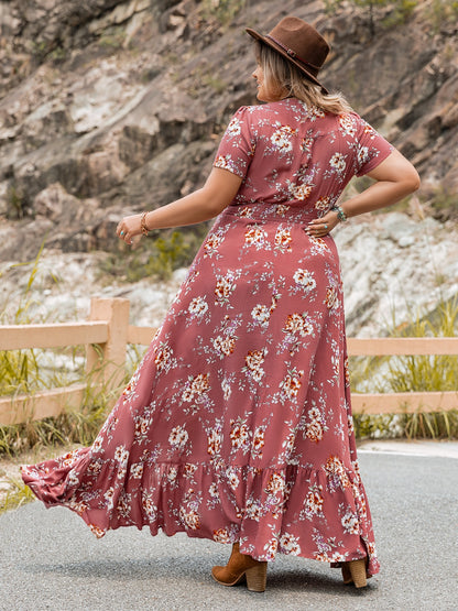 Plus Size Floral Slit Ruffle Hem Dress - Premium Dresses from Trendsi - Just $60.99! Shop now at Handbags Specialist Headquarter