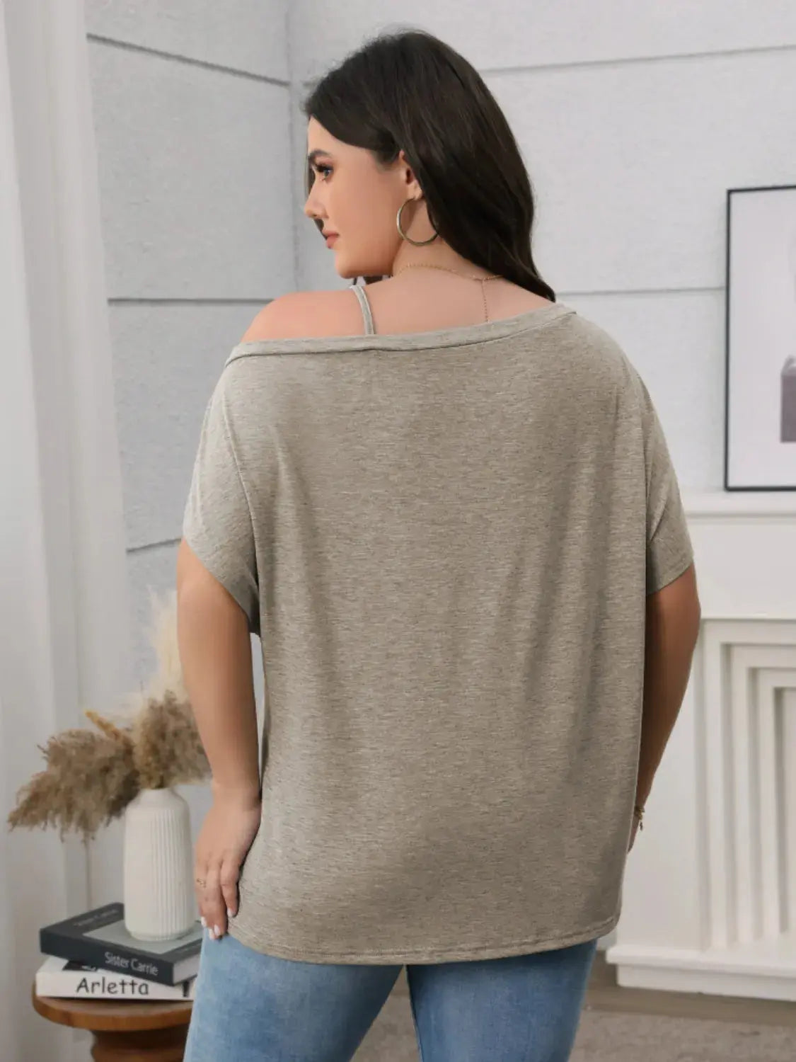 Plus Size Asymmetrical Neck Short Sleeve T-Shirt.