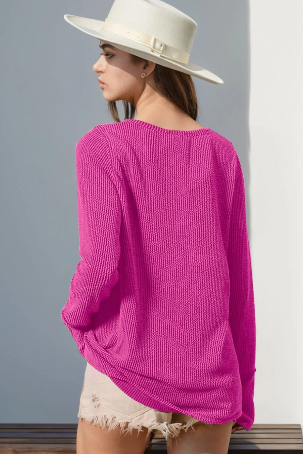Double Take Full Size Notched Thumbhole Long Sleeve T-Shirt - Premium Tops from Trendsi - Just $25.88! Shop now at Handbags Specialist Headquarter