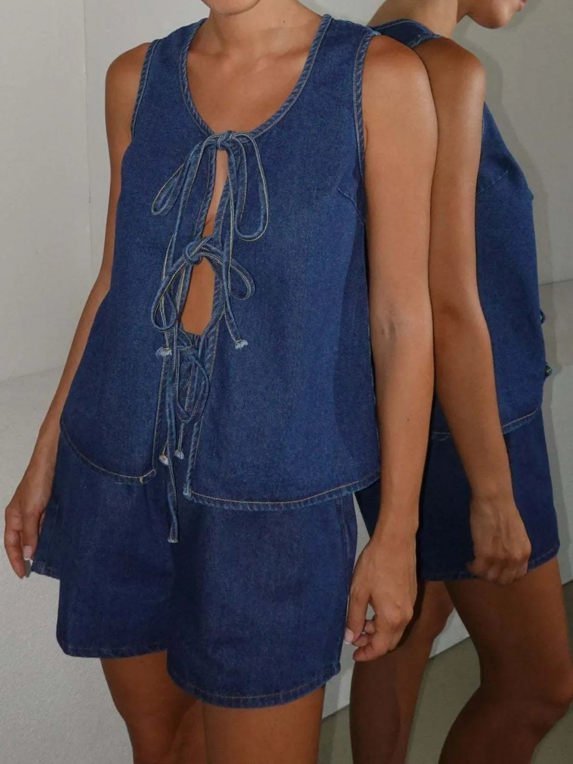 Tie Front Vest and Shorts Denim Set - Premium Women / Jeans & Denim from Trendsi - Just $61.94! Shop now at Handbags Specialist Headquarter
