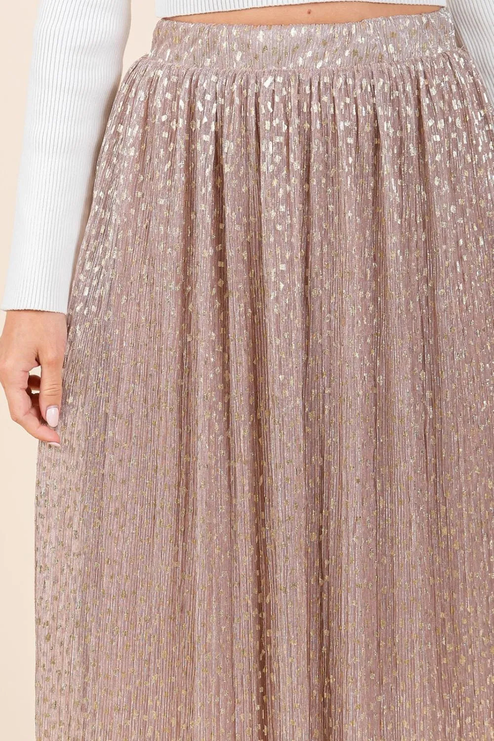 Mittoshop Metallic Glitter Speckle Print Elastic Midi Skirt - Premium Skirts from Trendsi - Just $54.99! Shop now at Handbags Specialist Headquarter
