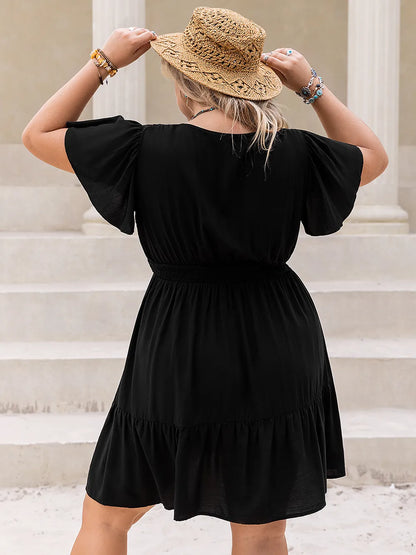 Plus Size V-Neck Flutter Sleeve Mini Dress - Premium Dresses from Trendsi - Just $36.99! Shop now at Handbags Specialist Headquarter