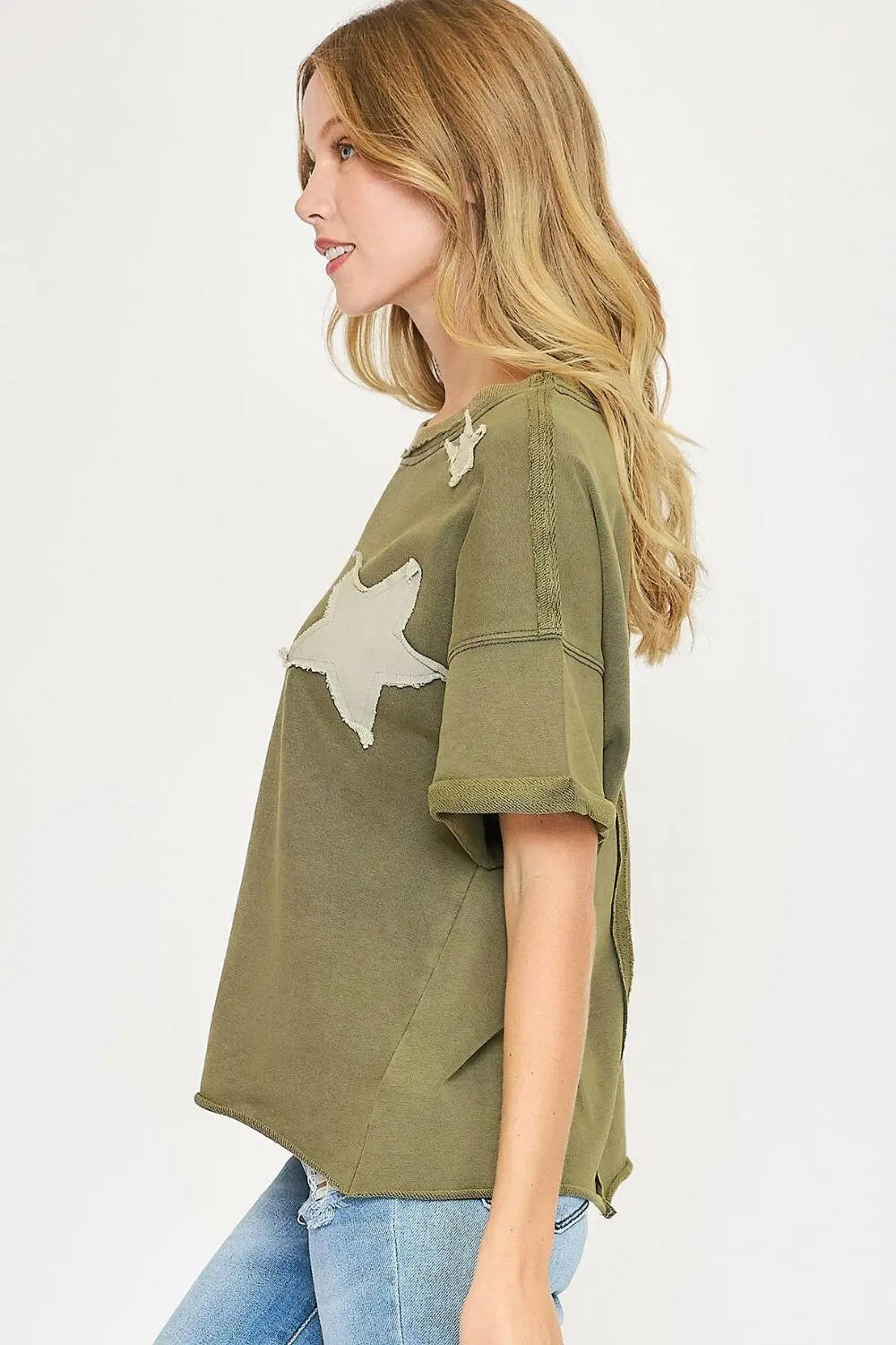 Umgee Full Size Star Patched Mineral Washed French Terry Top Plus Size.