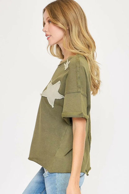 Umgee Full Size Star Patched Mineral Washed French Terry Top Plus Size.