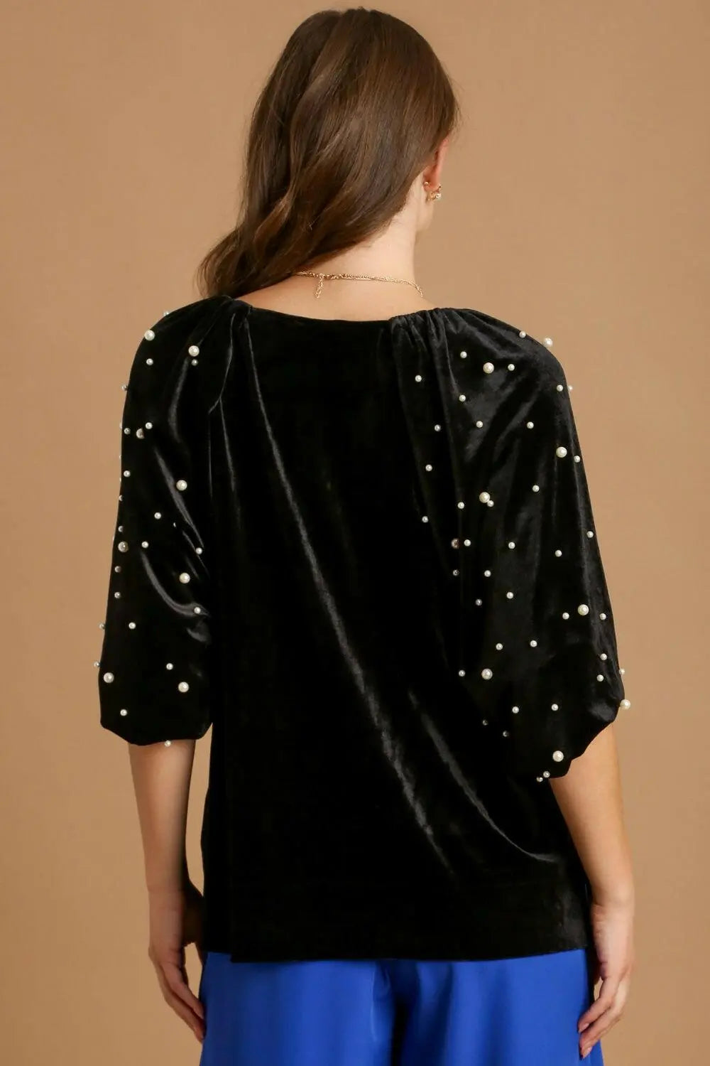 Umgee Full Size Pearl Detail Velvet Round Neck Top Plus Size.