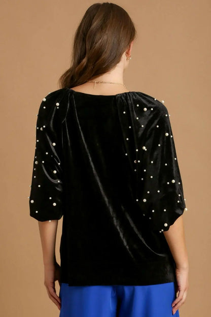 Umgee Full Size Pearl Detail Velvet Round Neck Top Plus Size.
