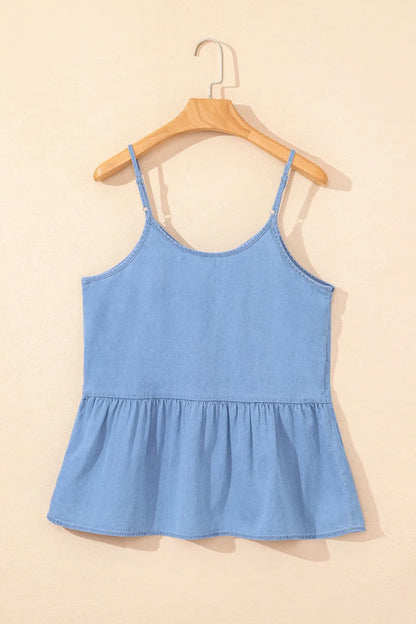 Ruffled Spaghetti Straps Denim Tank Top - Premium Women / Jeans & Denim from Trendsi - Just $28.70! Shop now at Handbags Specialist Headquarter