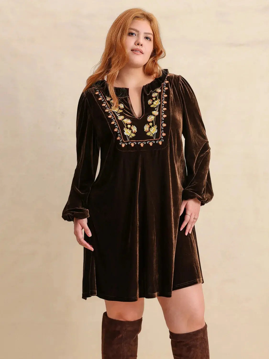 Plus Size Embroidered Notched Balloon Sleeve Mini Dress.