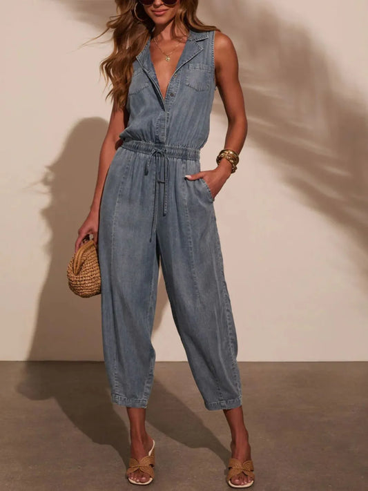 Sleeveless Drawstring Waist Washed Denim Jumpsuit - Premium Women / Jeans & Denim from Trendsi - Just $55.52! Shop now at Handbags Specialist Headquarter