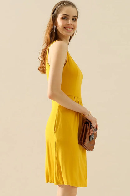 Doublju Full Size Round Neck Ruched Sleeveless Dress with Pockets - Premium Dresses from Trendsi - Just $15.99! Shop now at Handbags Specialist Headquarter