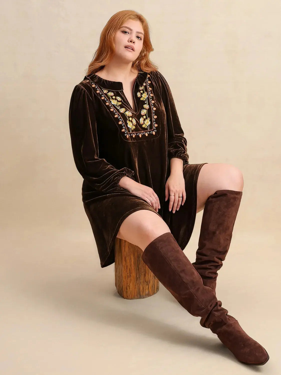 Plus Size Embroidered Notched Balloon Sleeve Mini Dress.