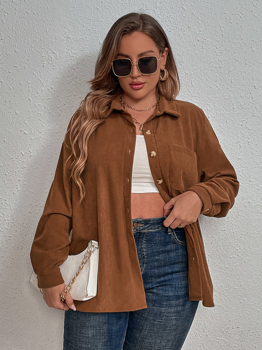 Honey Plus Size Collared Neck Long Sleeve Shirt - Premium Plus Size Shirts from Trendsi - Just $43! Shop now at Handbags Specialist Headquarter