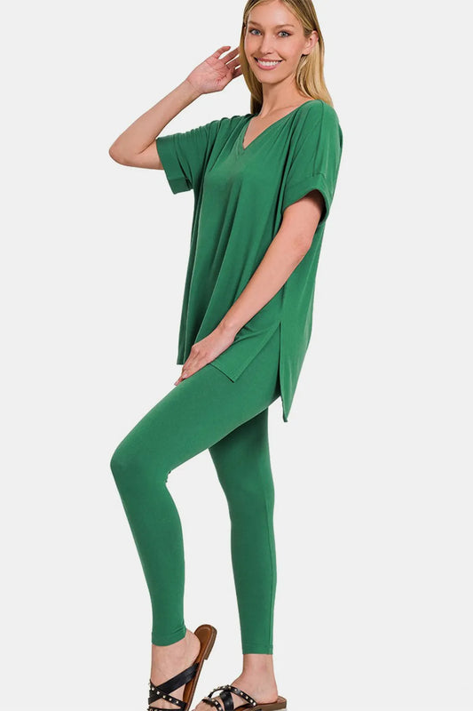 Zenana Full Size V-Neck Rolled Short Sleeve T-Shirt and Leggings Lounge Set - Premium Sleepwear from Trendsi - Just $30.94! Shop now at Handbags Specialist Headquarter