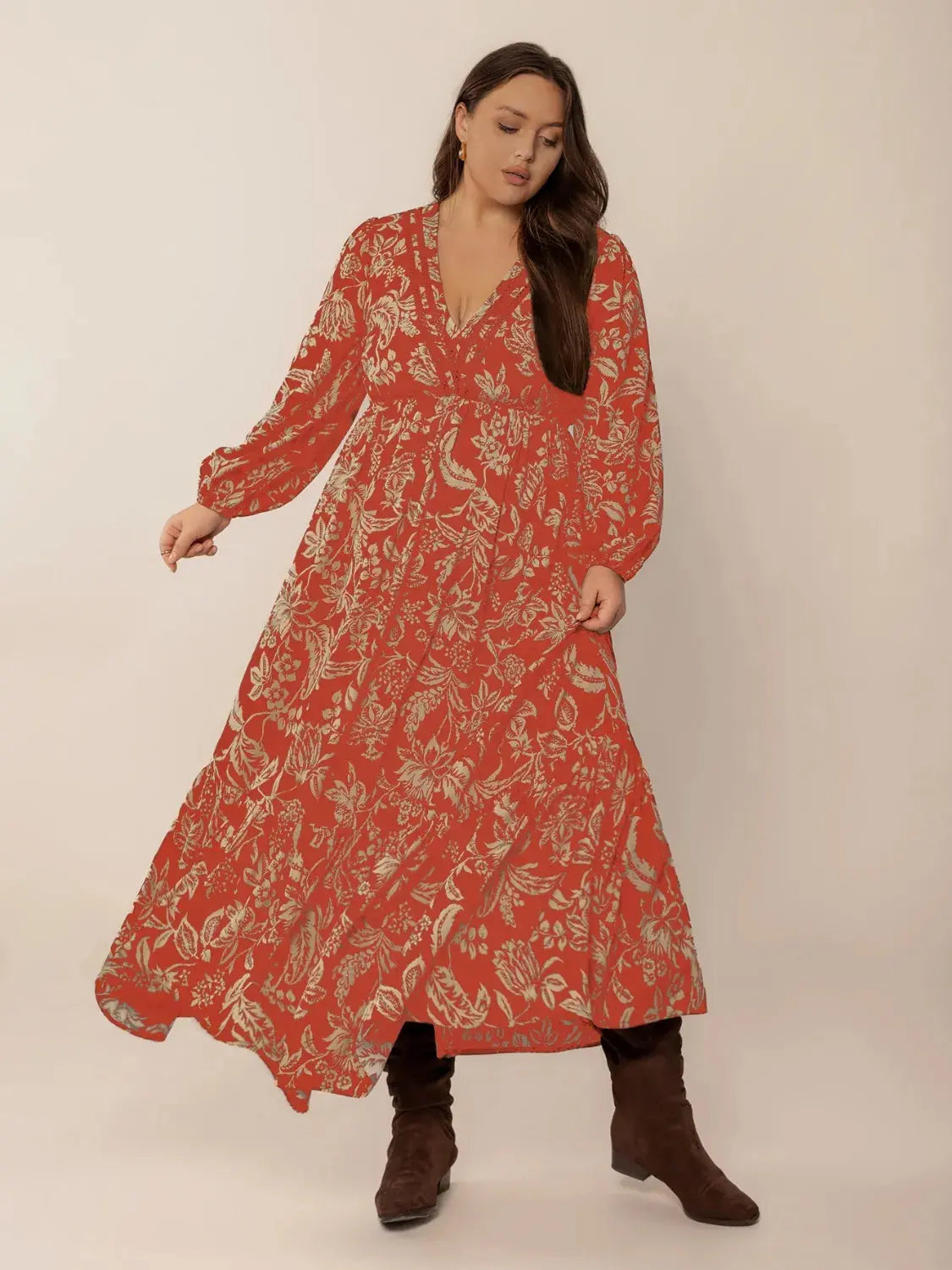 Plus Size Lace Detail Printed Balloon Sleeve Midi Dress.