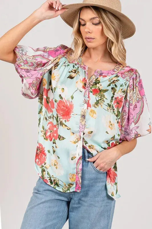 SAGE+FIG Plus Size Floral Mineral Wash French Terry Button Up Shirt.