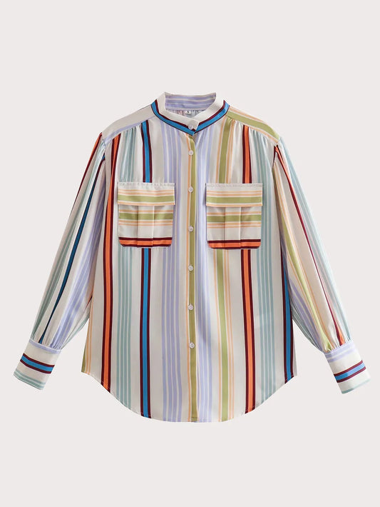 Striped Button Down Lantern Sleeve Shirt - Premium Women's Down Shirt Tops from Trendsi - Just $28! Shop now at Handbags Specialist Headquarter