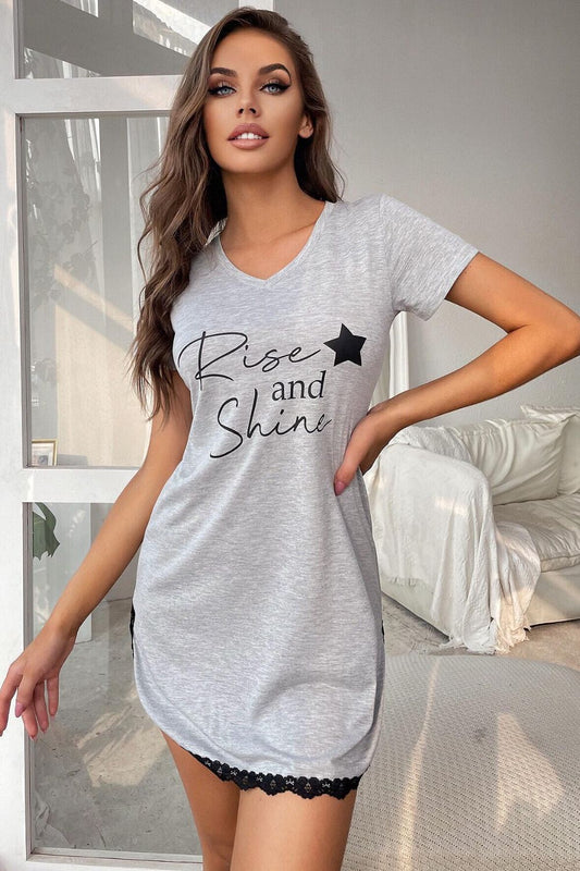 RISE AND SHINE Contrast Lace V-Neck T-Shirt Dress - Premium Sleepwear from Trendsi - Just $26! Shop now at Handbags Specialist Headquarter