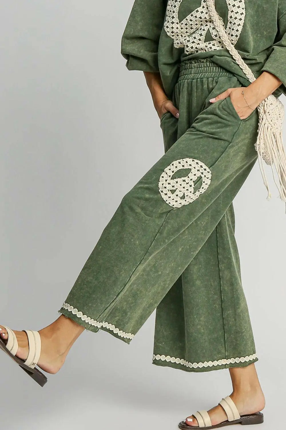 Umgee Full Size Peace Lace Applique Mineral Wash Wide Leg Pants Plus Size.