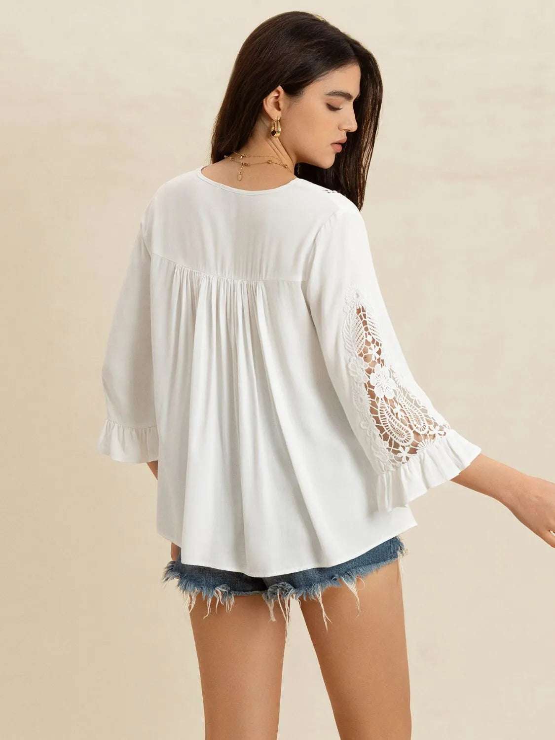V-Neck Lace Flounce Sleeve Top - Premium Women / Tops from Trendsi - Just $33.50! Shop now at Handbags Specialist Headquarter