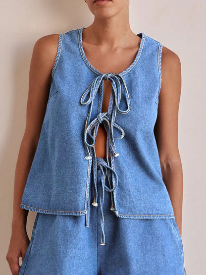 Tie Front Denim Vest - Premium Women / Jeans & Denim from Trendsi - Just $31.60! Shop now at Handbags Specialist Headquarter