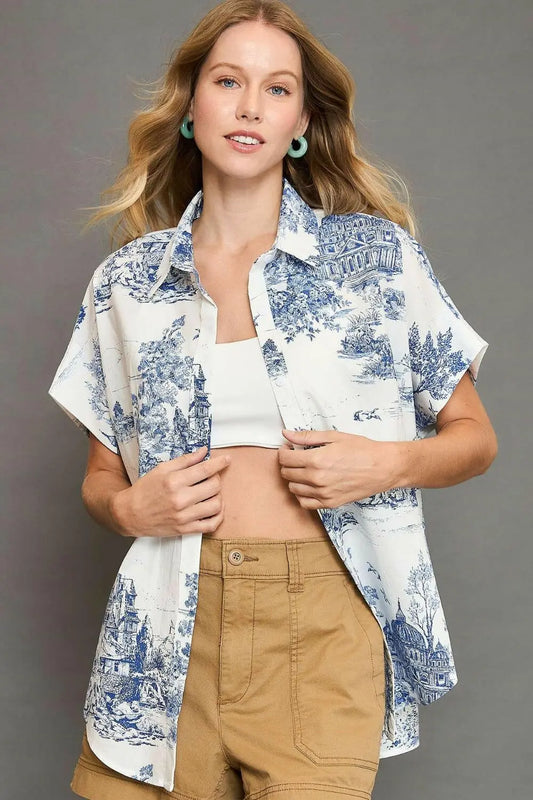 Umgee Full Size Two Tone Print Button Up Short Sleeve Shirt Plus Size.