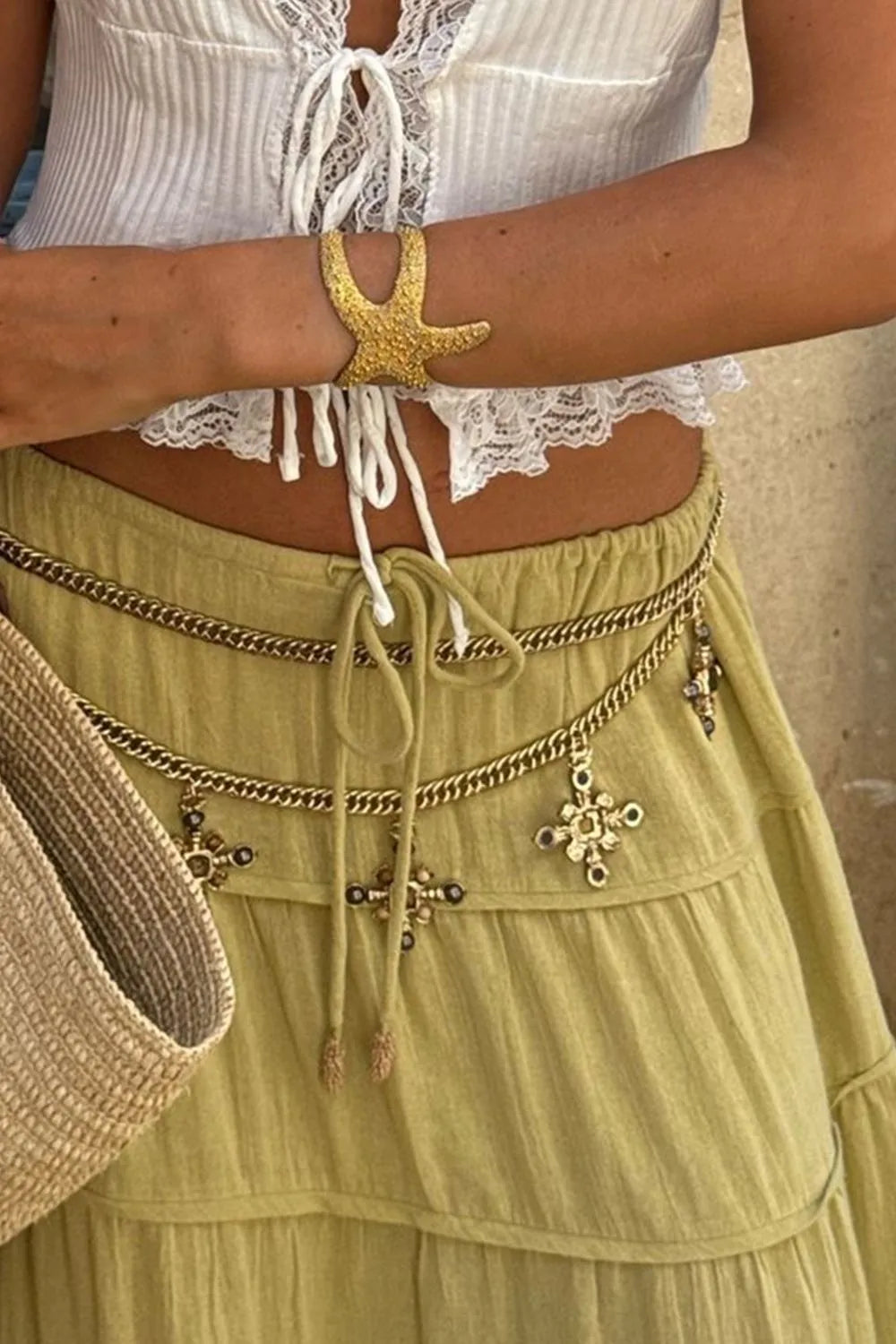 Bohemian Tiered Maxi Skirt with Drawstring Waist - Premium Skirts from Trendsi - Just $38.99! Shop now at Handbags Specialist Headquarter