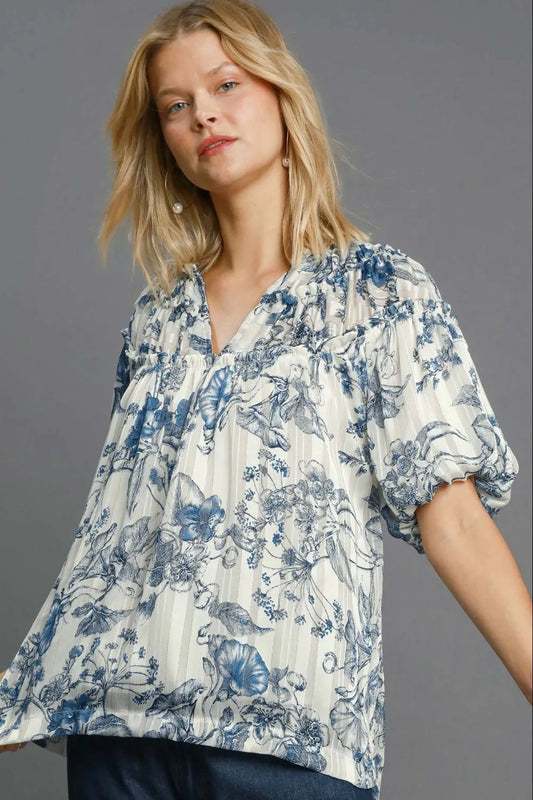 Umgee Full Size Floral Print Metallic Ruffle Blouse Plus Size - Premium Dresses from Trendsi - Just $48.99! Shop now at Handbags Specialist Headquarter