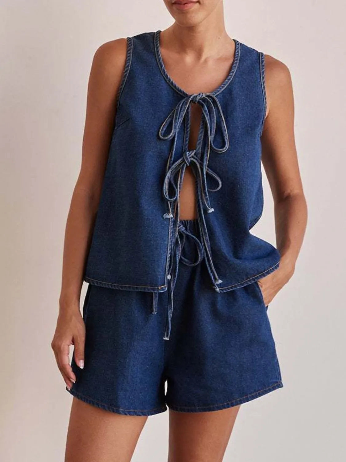 Tie Front Vest and Shorts Denim Set - Premium Women / Jeans & Denim from Trendsi - Just $61.94! Shop now at Handbags Specialist Headquarter