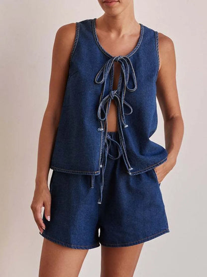 Tie Front Vest and Shorts Denim Set - Premium Women / Jeans & Denim from Trendsi - Just $61.94! Shop now at Handbags Specialist Headquarter
