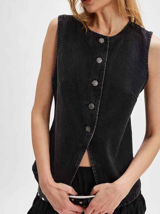 Button Down Round Neck Denim Vest - Premium Women / Jeans & Denim from Trendsi - Just $33.80! Shop now at Handbags Specialist Headquarter