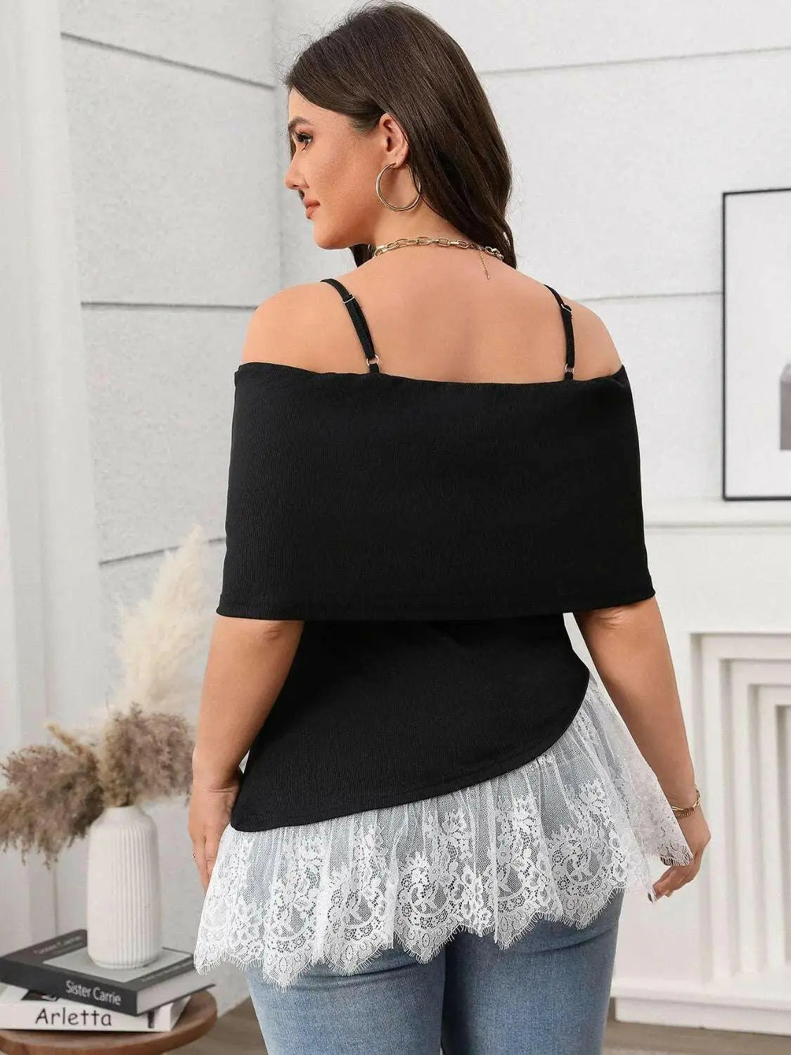 Plus Size Lace Detail Spaghetti Strap Short Sleeve Top.