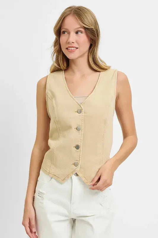RISEN Plus Size V Neck Button Down Vest.