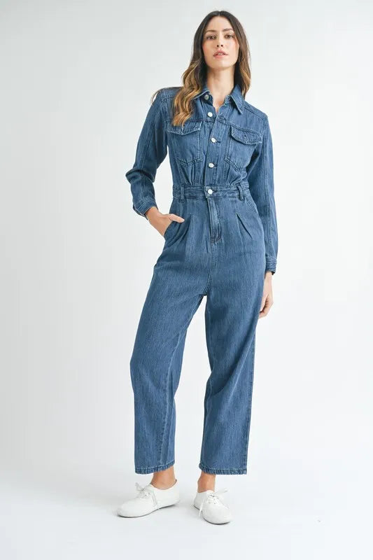 MABLE Cinched Waist Straight Leg Denim Jumpsuit - Premium Women / Jeans & Denim from Trendsi - Just $71.56! Shop now at Handbags Specialist Headquarter