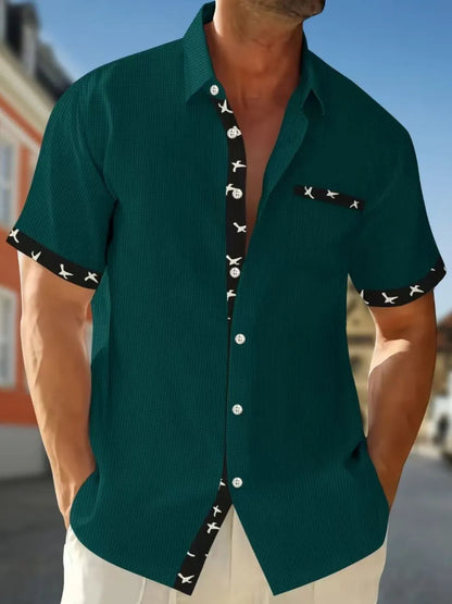 Men's Full Size Contrast Trim Waffle Knit Short Sleeve Shirt Plus Size - Premium Men's Shirts from Trendsi - Just $34.50! Shop now at Handbags Specialist Headquarter