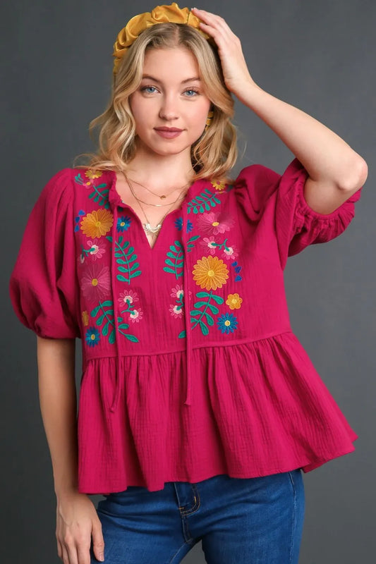 Umgee Full Size Cotton Gauze Floral Embroidery Babydoll Blouse Plus Size - Premium Dresses from Trendsi - Just $55.99! Shop now at Handbags Specialist Headquarter