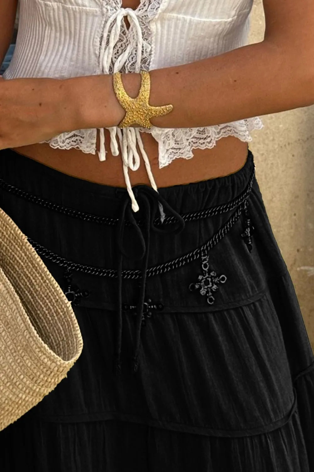 Bohemian Tiered Maxi Skirt with Drawstring Waist - Premium Skirts from Trendsi - Just $38.99! Shop now at Handbags Specialist Headquarter