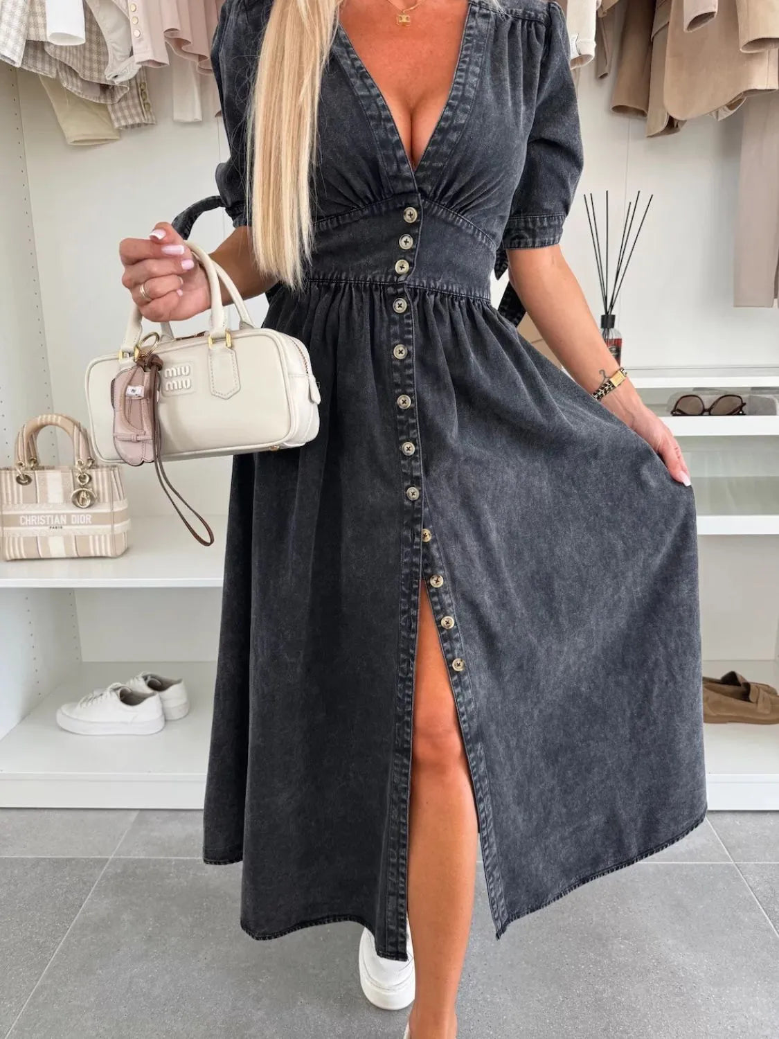 Button Front V-Neck Half Sleeve Denim Dress - Premium Women / Jeans & Denim from Trendsi - Just $53.68! Shop now at Handbags Specialist Headquarter