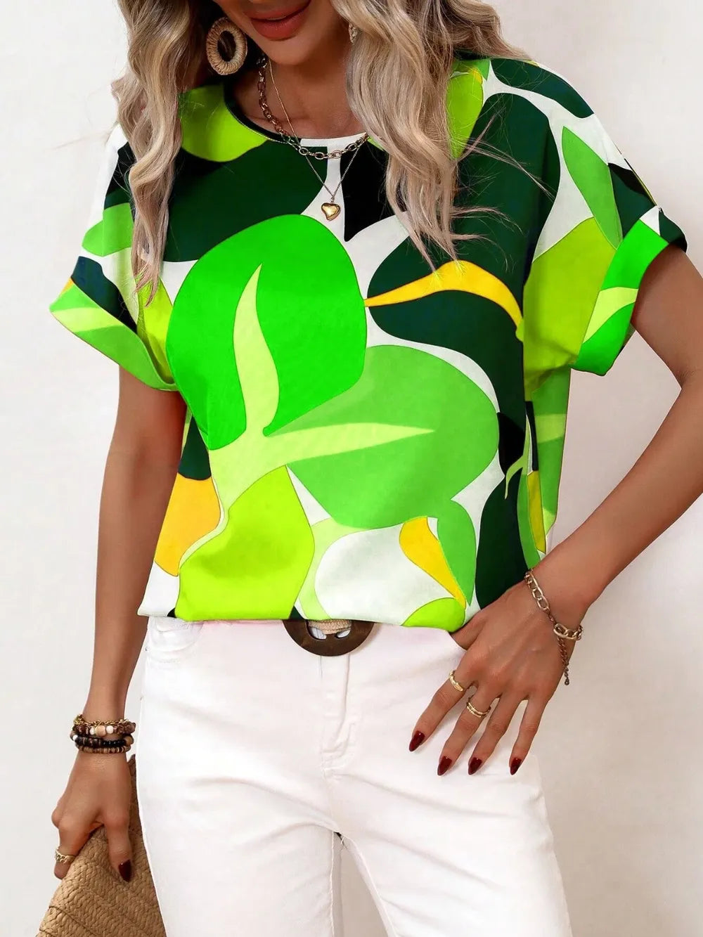 Contrast Round Neck Short Sleeve Blouse - Premium Tops from Trendsi - Just $23.06! Shop now at Handbags Specialist Headquarter