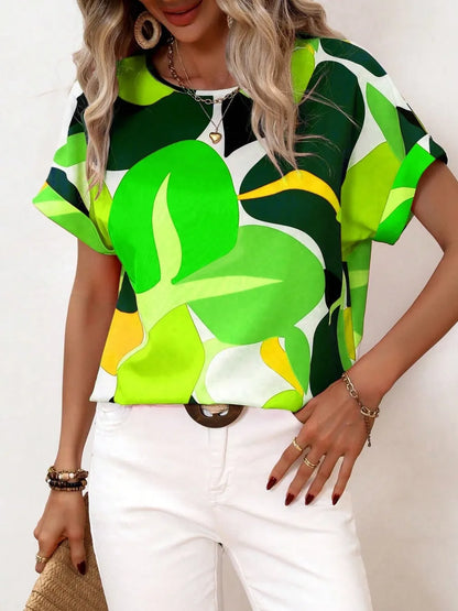 Contrast Round Neck Short Sleeve Blouse - Premium Tops from Trendsi - Just $23.06! Shop now at Handbags Specialist Headquarter