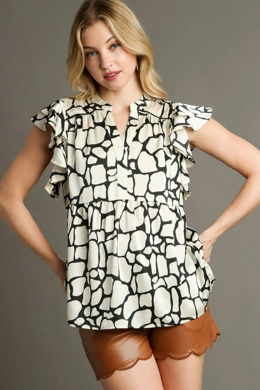 Umgee Full Size Two Tone Animal Print Notched Ruffle Cap Sleeve Blouse Plus Size - Premium Dresses from Trendsi - Just $46.99! Shop now at Handbags Specialist Headquarter