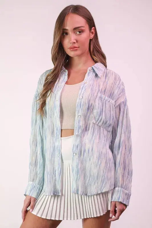 VERY J Plus Size Oversized Printed Button Up Shirt.