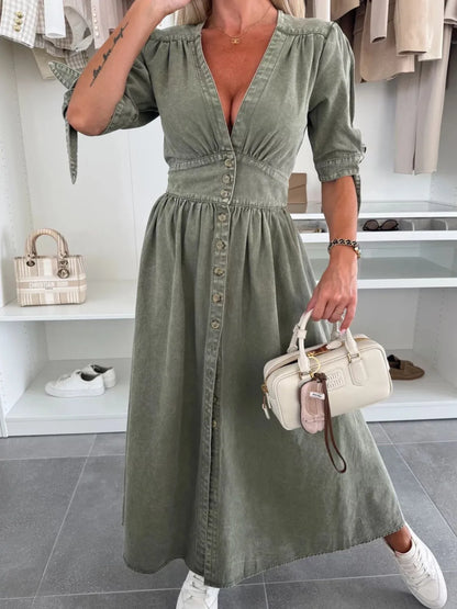 Button Front V-Neck Half Sleeve Denim Dress - Premium Women / Jeans & Denim from Trendsi - Just $53.68! Shop now at Handbags Specialist Headquarter